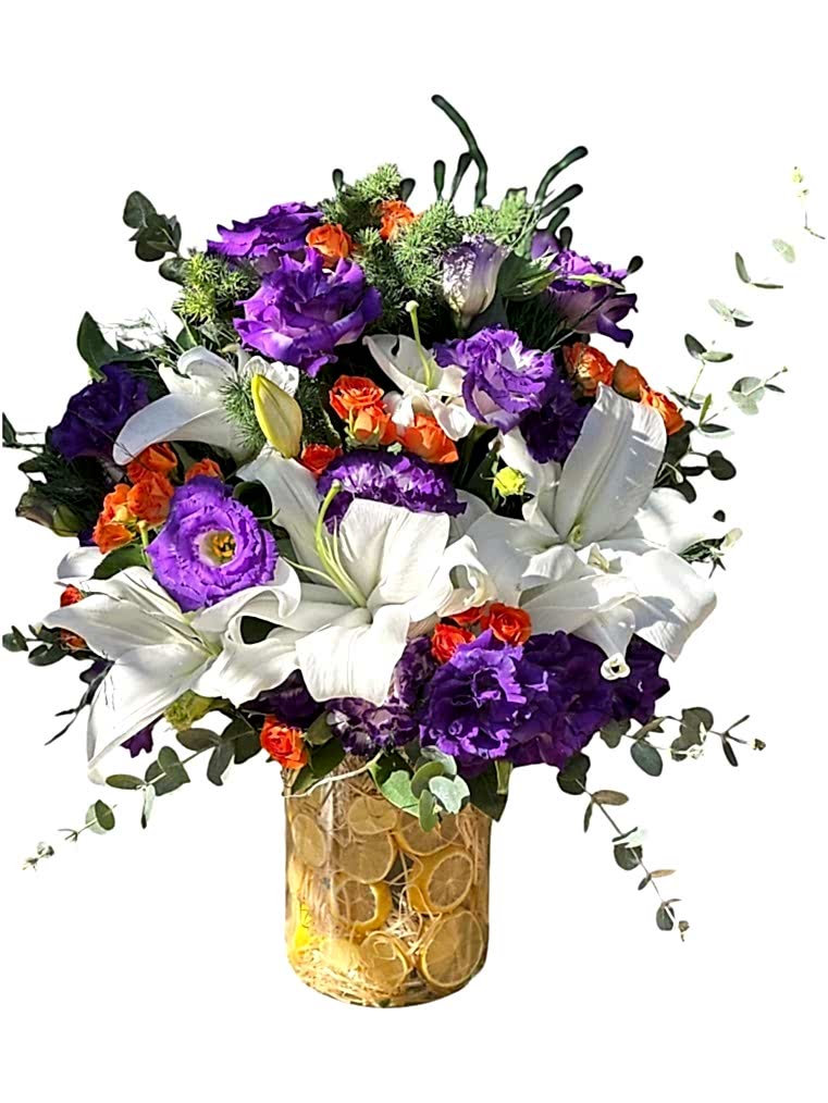 Lilium ve Mor Lisianthus  Çiçek Aranjmanı